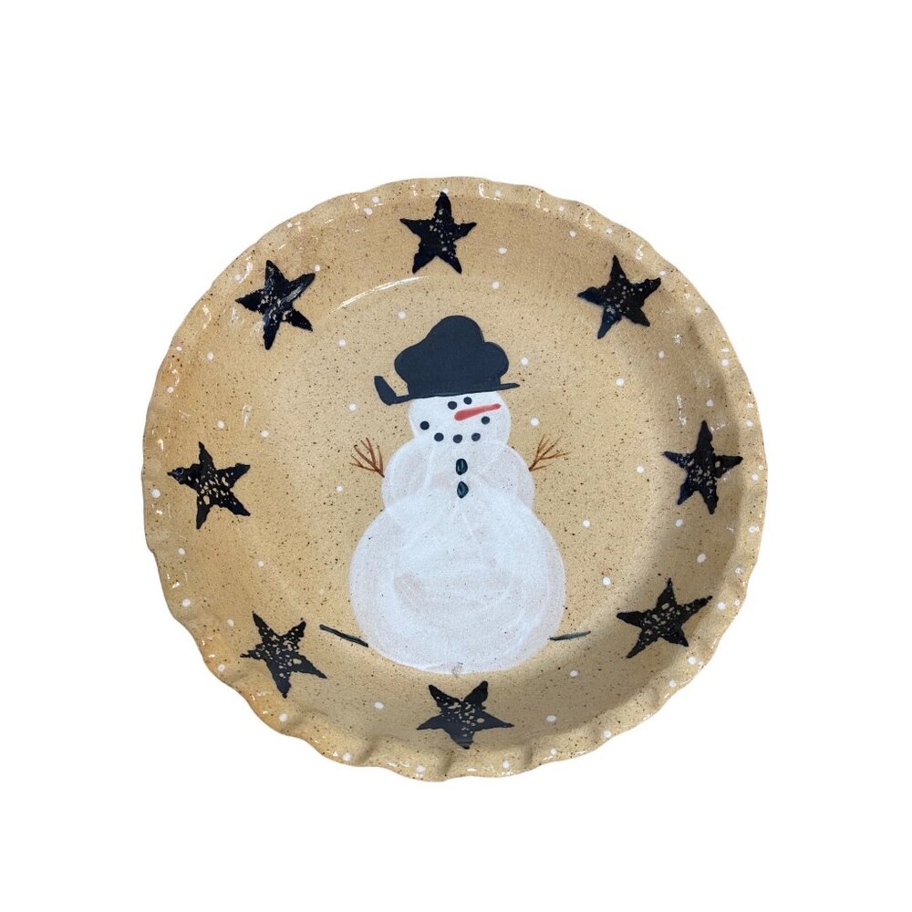 Buckeye Stoneware Snowman‎ Pie Plate Black Star Accents Hand Painted 10.5"
